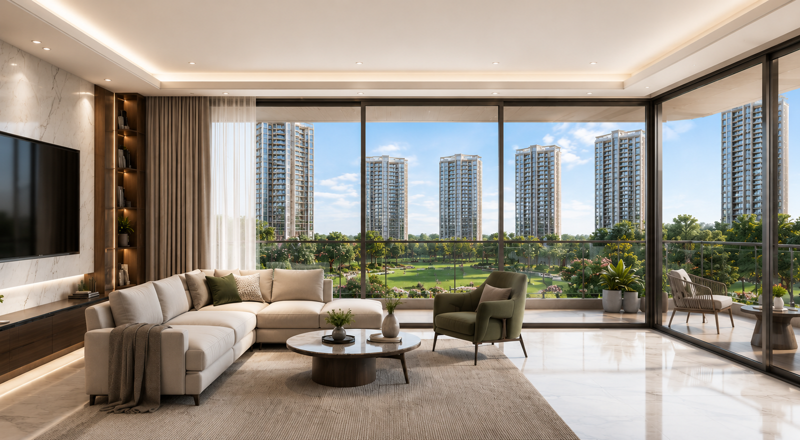 Godrej Verano living room with balcony view of residential towers