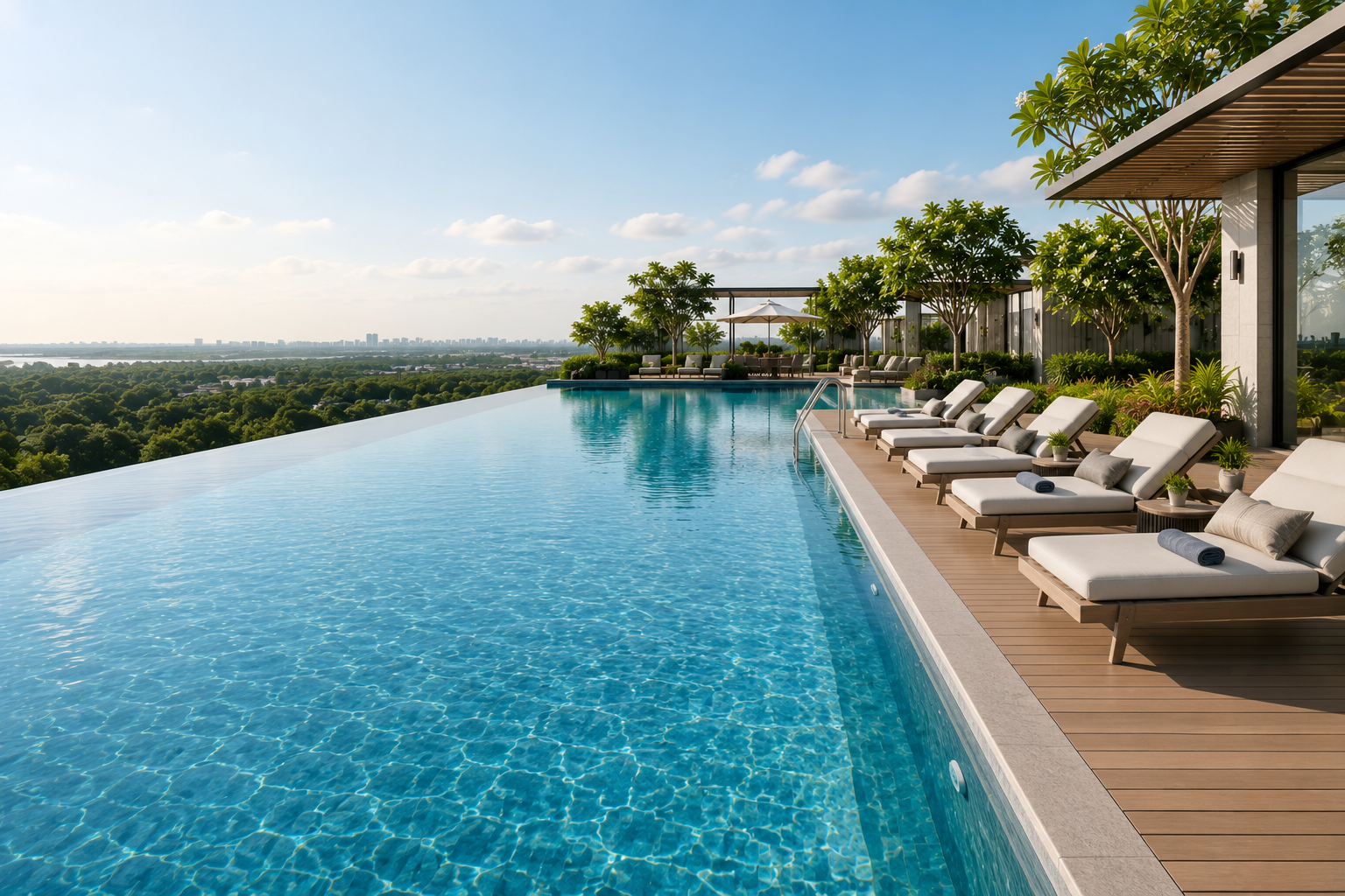 Infinity pool with lounge chairs and skyline view