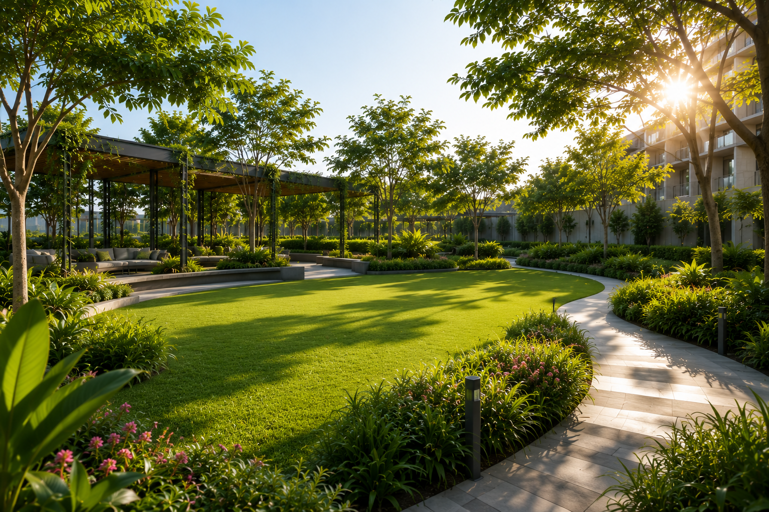 Landscaped gardens with walking paths