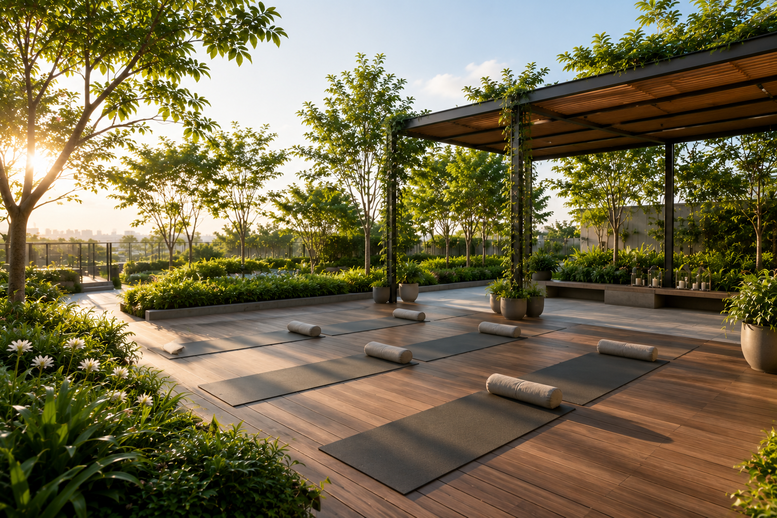 Outdoor yoga deck with mats