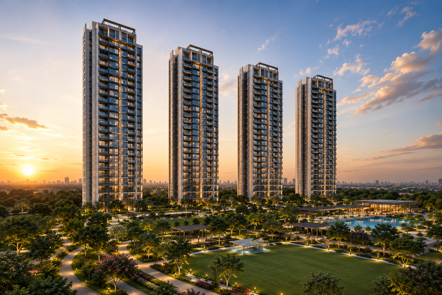 Godrej Verano residential towers with landscaped gardens at dusk