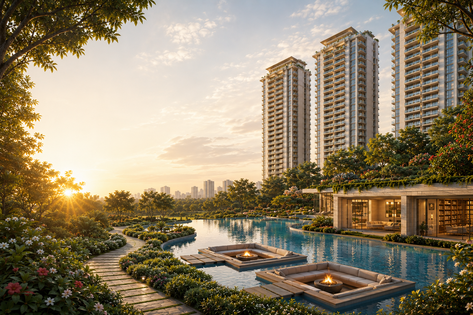 Godrej Verano residential towers with resort-style pool at sunset